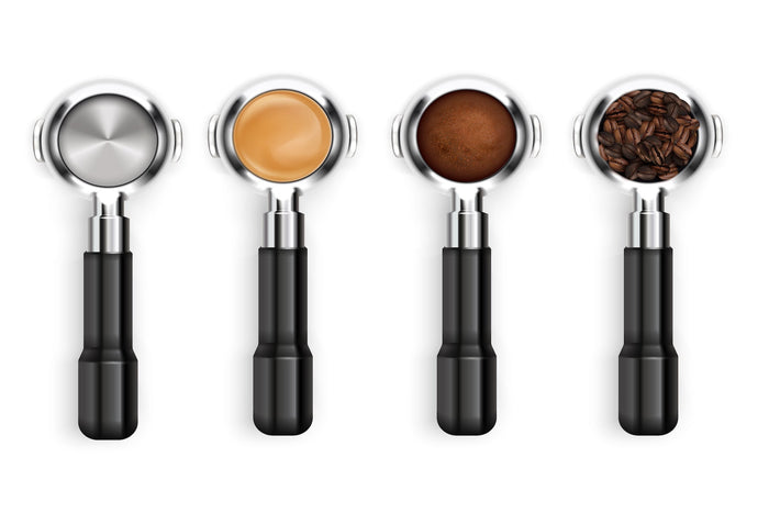 Portafilters showing coffee beans, ground coffee, espresso shot, and empty basket for espresso machines.