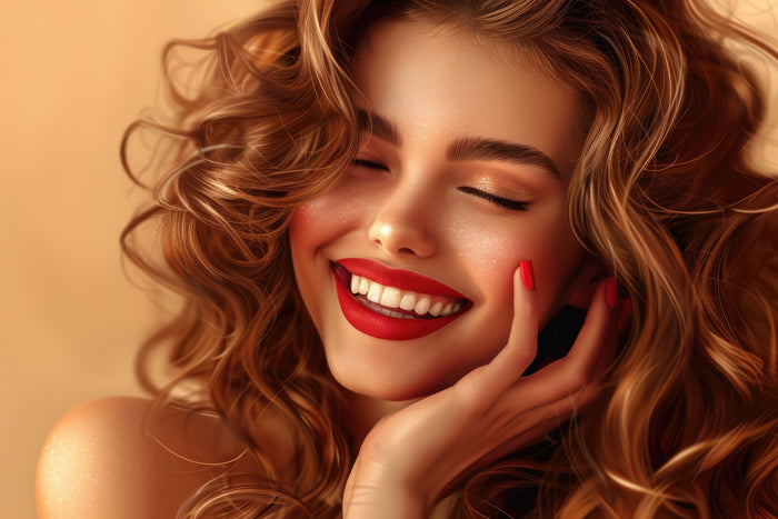 beautiful woman with long wavy hair and red nails 