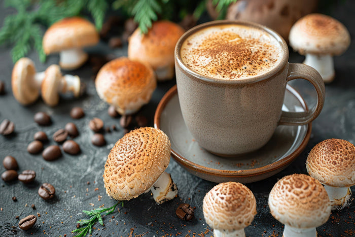 A cup of mushroom coffee on a table surrounded with mushrooms and coffee beans