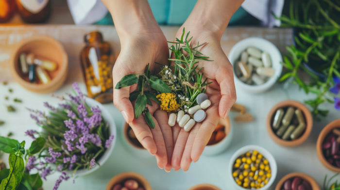 Hands-holding-a-mix-of-natural-herbs-and -capsules-surrounded-by-bowls-filled-with-herbal-supplements-and-flowers-representing-a-holistic-approach-to-health-and-wellness.