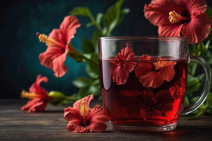 A glass of deep red hibiscus tea with vibrant hibiscus flowers, showcasing the natural beauty and health benefits of Hibiscus sabdariffa.