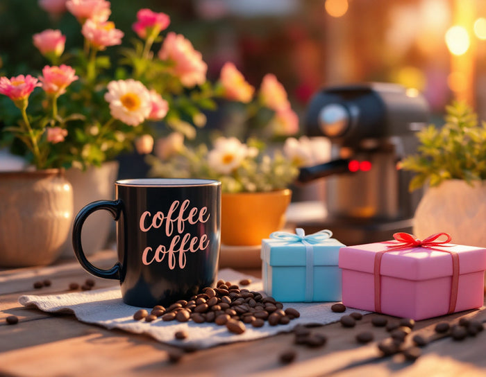 Coffee-themed-gifts-with-a-black-mug-coffee-beans-pastel-gift-boxes-and-a-coffee-machine-in-a-cozy-outdoor-setting