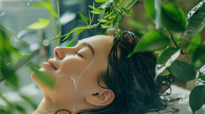 A-woman-relaxes-with-her-eyes-closed-surrounded-by-lush-green-plants-symbolizing-natural-stress-relief-and-tranquility